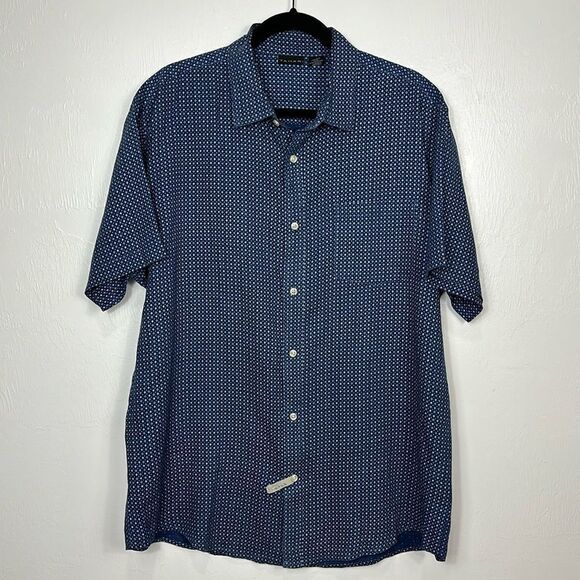 Tahari Linen Dark Blue Printed Short Sleeve Button Down Shirt Size L - Picture 1 of 7